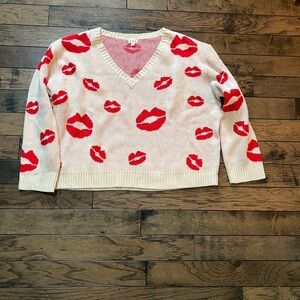 Vintage 80s Lip Print Sweater Crop Top Cream Red Kiss Pattern Size Large
